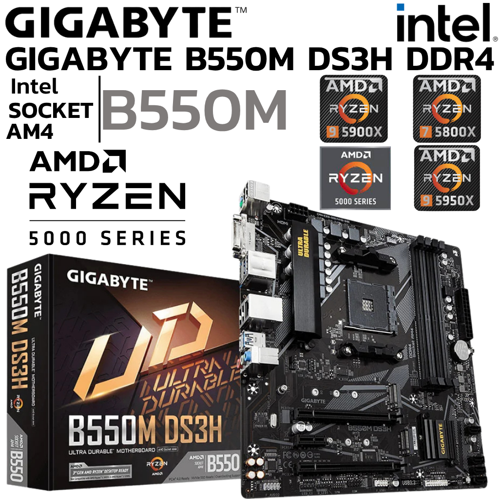 MAINBOARD (เมนบอร์ด) AM4 GIGABYTE B550M DS3H DDR4 Support 5000 Series