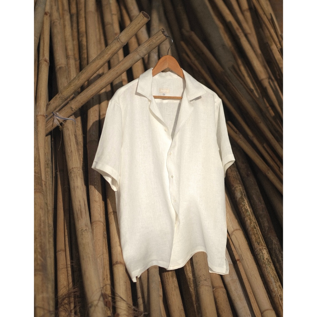 white linen cutaway collar long sleeve shirt เชิ้ตผ้าลินินสีขาวคอปีกนกแขนยาว