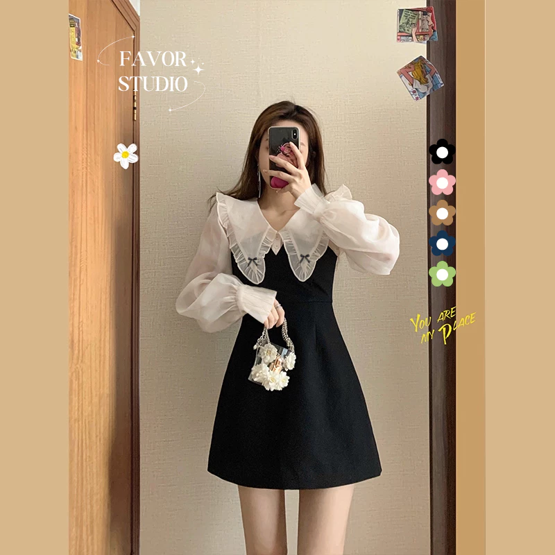 ✨S-6XL✨ ชุดเดรสแขนยาว คอปกตุ๊กตา กระโปรงสั้นน่ารัก ยืดหยุ่น ดีเทลโบวื เดรสสาวอวบ พลัสไซซ์ เดรสออกงาน