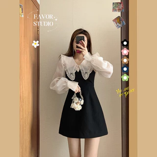 ✨S-6XL✨ ชุดเดรสแขนยาว คอปกตุ๊กตา กระโปรงสั้นน่ารัก ยืดหยุ่น ดีเทลโบวื เดรสสาวอวบ พลัสไซซ์ เดรสออกงาน