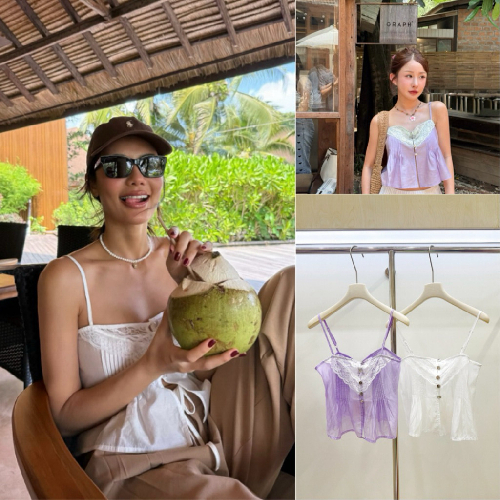 𝗩𝗜𝗢𝗟𝗘𝗧 𝗟𝗔𝗖𝗘 𝗖𝗔𝗠𝗜✨พร้อมส่ง🎐 เสื้อขอบสายเดี่ยวแต่งขอบลูกไม้สายสามารถปรับได้🪧ป้ายONSEASON