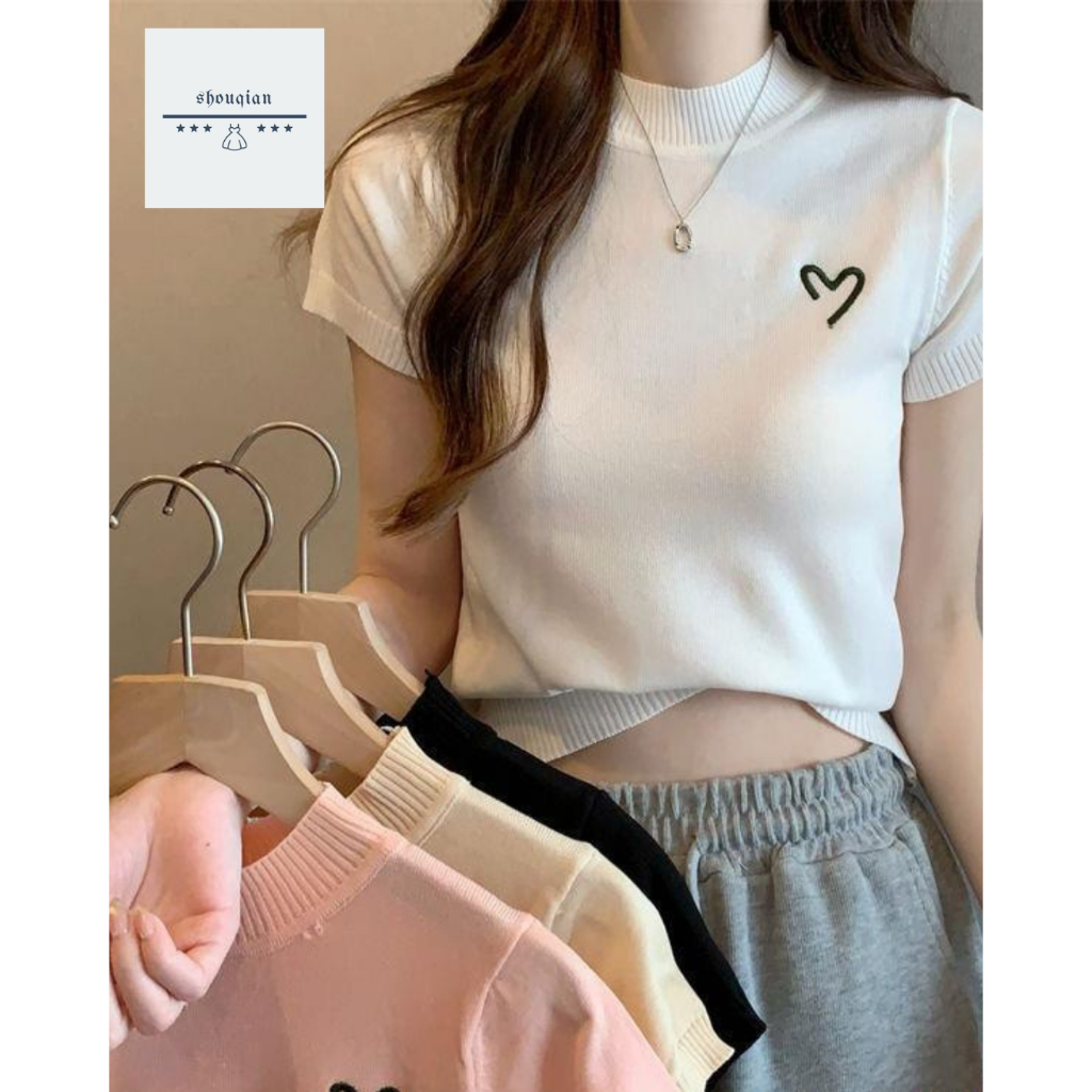 พร้อมส่งในไทย** เสื้อไหมพรมปักหัวใจด้านหน้า เสื้อยืดคอตั้งแขนสั้น สำหรับผู้หญิง Y205