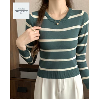 พร้อมส่งในไทย** เสื้อแขนยาวคอกลม ผ้าไหมพรม ลายทาง หลากสี Y172