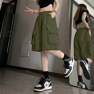 กางเกงคาร์โก้ขาสั้นสีดำสำหรับผู้หญิงกางเกงฤดูร้อนบางเอวสูงผ้…