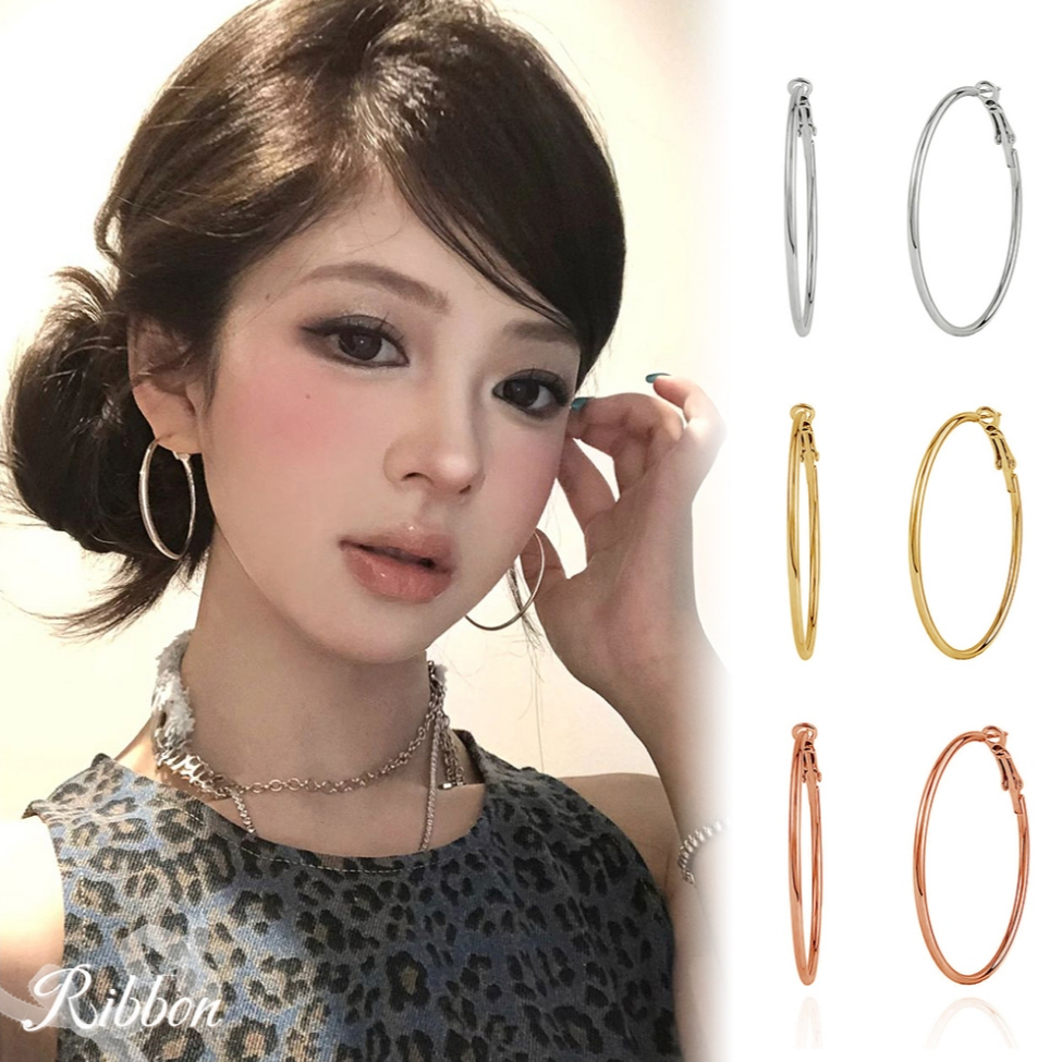RibbonIsland ต่างหู earrings 1 คู่ วินเทจ คุณภาพสูง y2k สไตล์เกาหลี สีเงิน สำหรับผู้หญิง แฟชั่น มินิมอล กลม