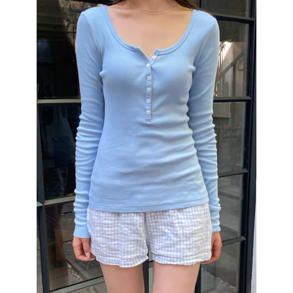 (พร้อมส่ง) BrandyMelville Zelly Ribbed Top (สีฟ้า) เสื้อแขนยาว ของแท้จากช็อป