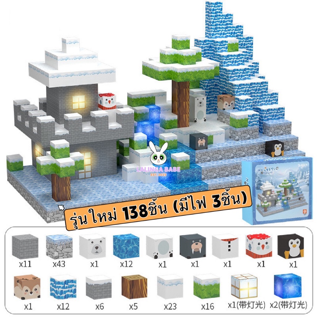✨พร้อมส่ง เมืองหิมะ 138ชิ้น🧩 ( รุ่นใหม่ มีไฟ💡‼️) บล็อกตัวต่อแม่เหล็ก บล็อกปกติ135+บล็อกไฟ3 (2x2cm)