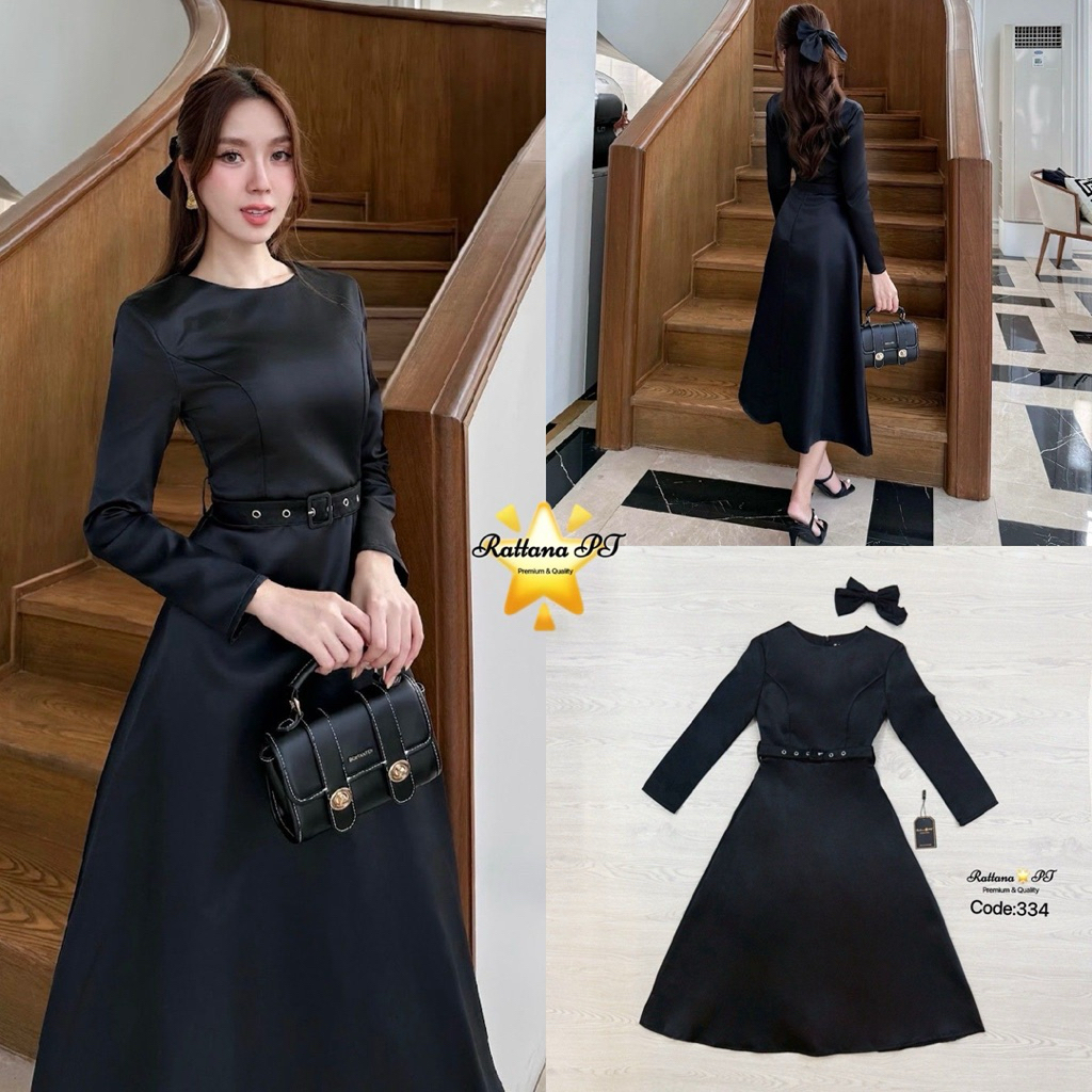 Rattana ชุดเดรสยาวสีดำแขนยาว มีเข็มขัด ชุดไปงานสุภาพ