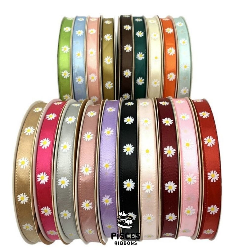 1 ม้วน【50 หลา】 * Petite Daisy Ribbon – ริบบิ้นลายดอกเดซี่ 1 cm. สำหรับผูกของขวัญ [RBR-0041] ราคา ถูกที่สุด ดีลบีเคเค แกลเลอรีภาพที่ 2