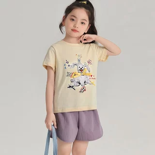 PRINCESS KESLI เสื้อยืดเด็ก แขนสั้น เสื้อยืดมินมอลเด็กผู้หญิง 2025 เสื้อยืดแขนสั้นสำหรับเด็กสบายและนุ่ม