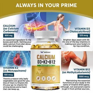 Wellness Calcium + Vitamin D3 K2 B12 Immune System Support Nerve & Muscle Function Strong Bones,Teeth,Joints