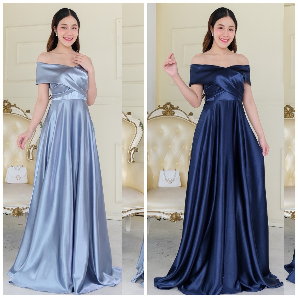 FN0273-1  Off shoulder อกไขว้ กระโปรงบาน เติมสายมาให้แล้วนะคะ ชุดไปงานแต่ง ชุดออกงาน เดรสเพื่อนเจ้าส