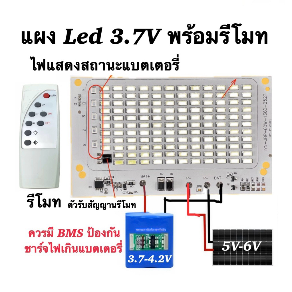 แผงไฟ LED พลังงานแสงอาทิตย์ 3.2V-3.7Vควบคุมระยะไกลด้วยรีโมท พร้อมไฟ LED แจ้งสถานะการชาร์จไฟแบตเตอรี่