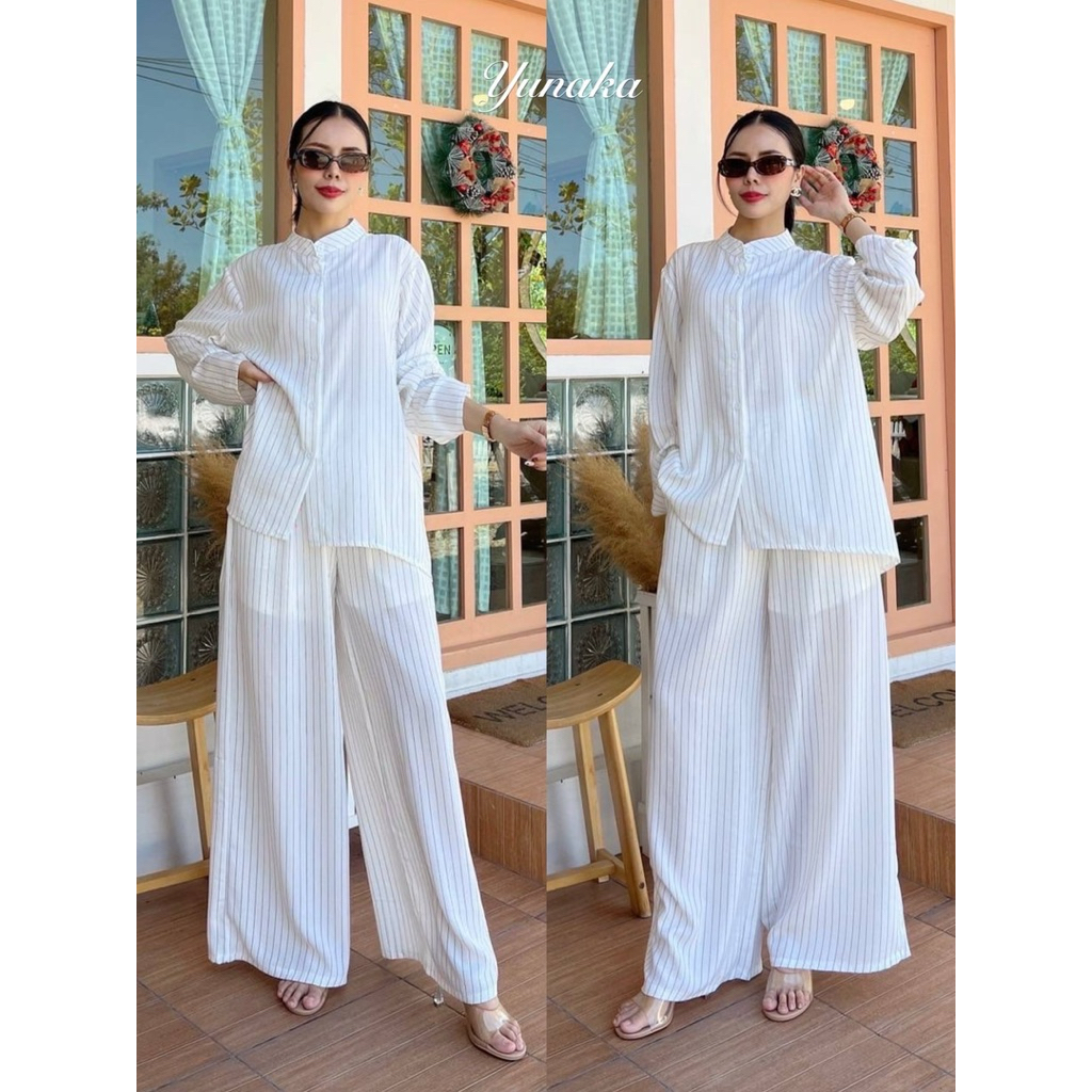 เซต 2 ชิ้น เสื้อแขนยาวกระดุมหน้าคอจีน มาคู่กางเกงเอวยางยืดมีกระเป๋าล้วงข้างค่ะ