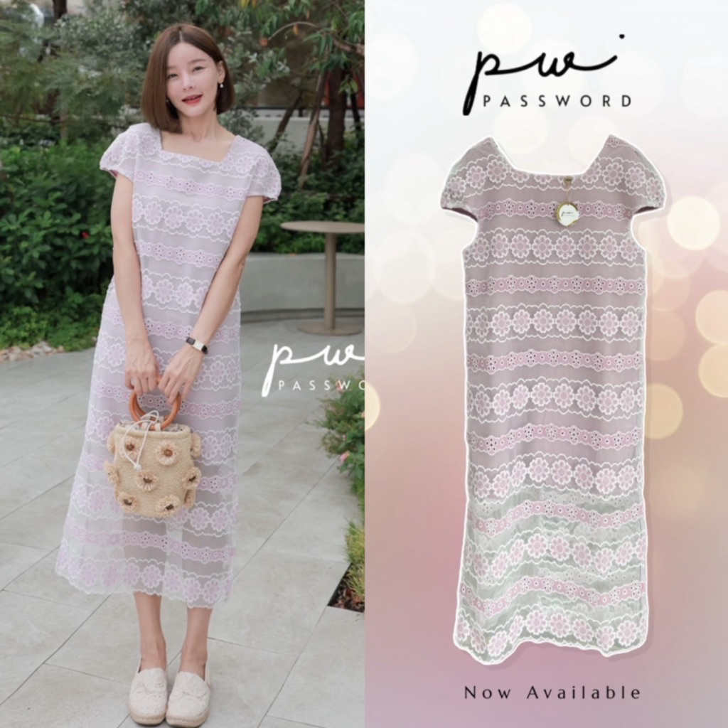PASSWORD 🔖 6251 เดรสผ้าลูกไม้ลายเส้นดอกไม้สวยเด่น