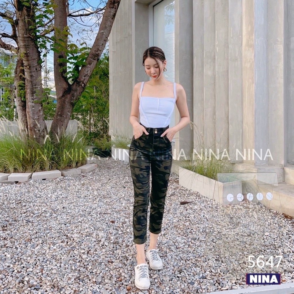 ป้าย NINA #5647 กางเกงยีนส์ลายทหาร ทรงบอย เอวสูง ผ้ายืด ใส่แล้วกระชับ เก็บทรง - รูปที่ 2