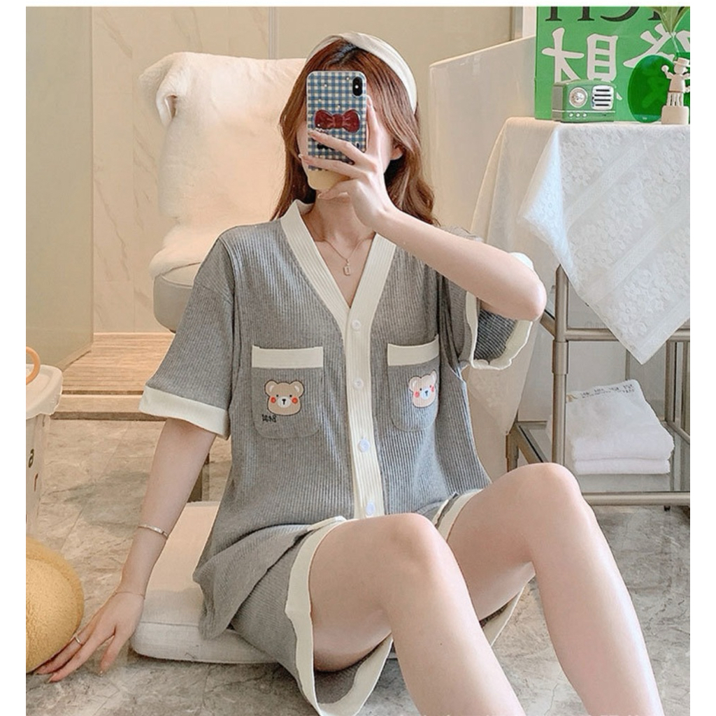 D42 ชุดคลุมท้อง ชุดนอนให้นม ชุดเปิดให้นมได้ เสื้อ+กางเกง เอวปรับได้