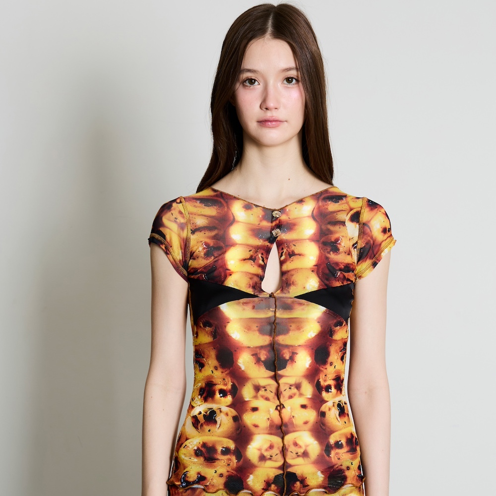 BLACKDOG BKK -  Grazia print tops   เสื้อซีทรูตัดต่อพิมพ์ลาย - BD2507