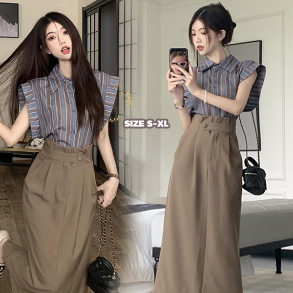 mimi&didi#เสื้อลายทางวินเทจ เสื้อแขนกุด ขนาดใหญ่ สีเทาลายขนาดเล็กบินแขน สำหรับผู้หญิง#99122