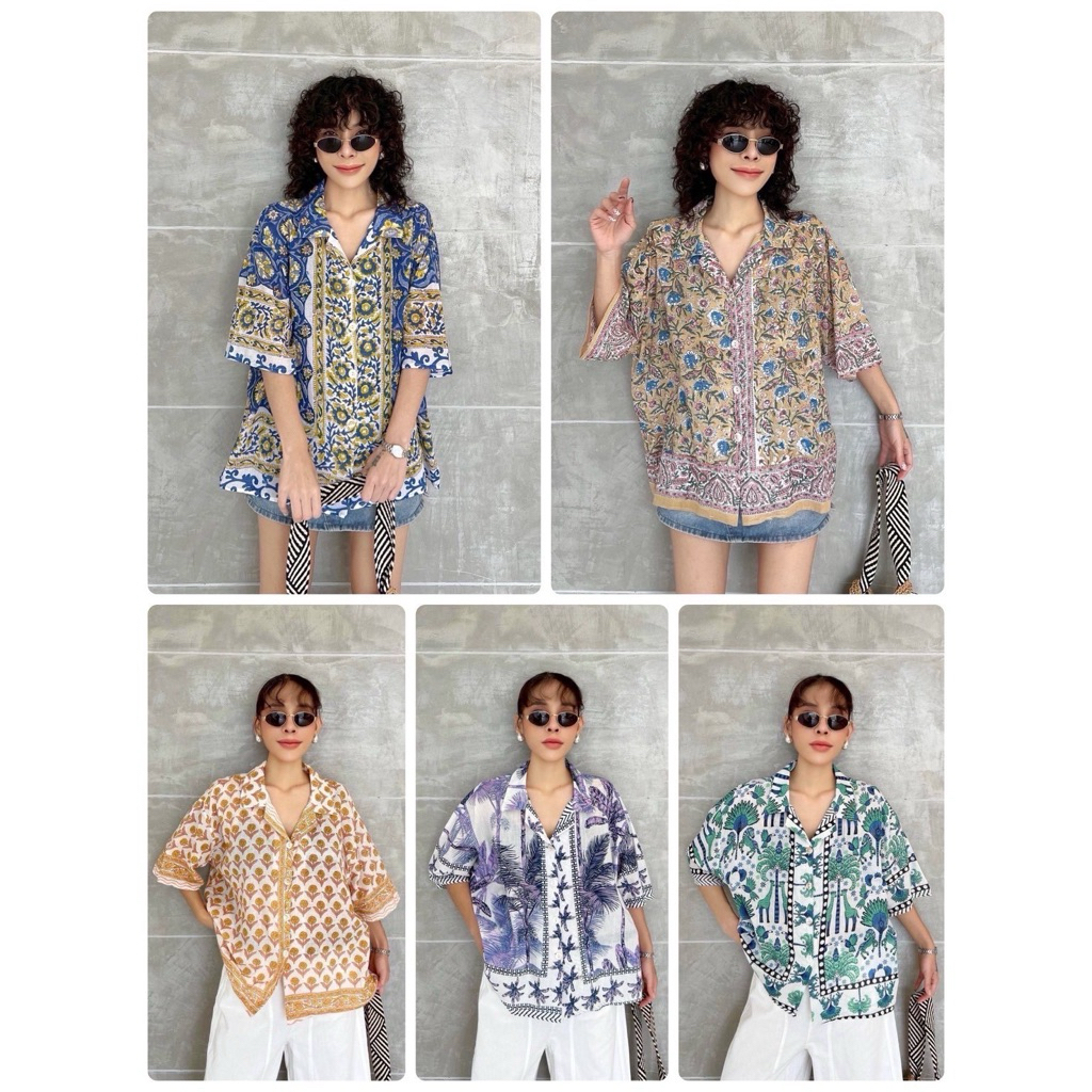 lSSARA (IC25-T374-1) เสื้อเชิ้ตผ้าคอตตอนอินเดีย กระดุมผ่าหน้า ฟรีไซส์ ใส่ชิลล์ แมตช์ง่าย /อก50นิ้ว/ผ