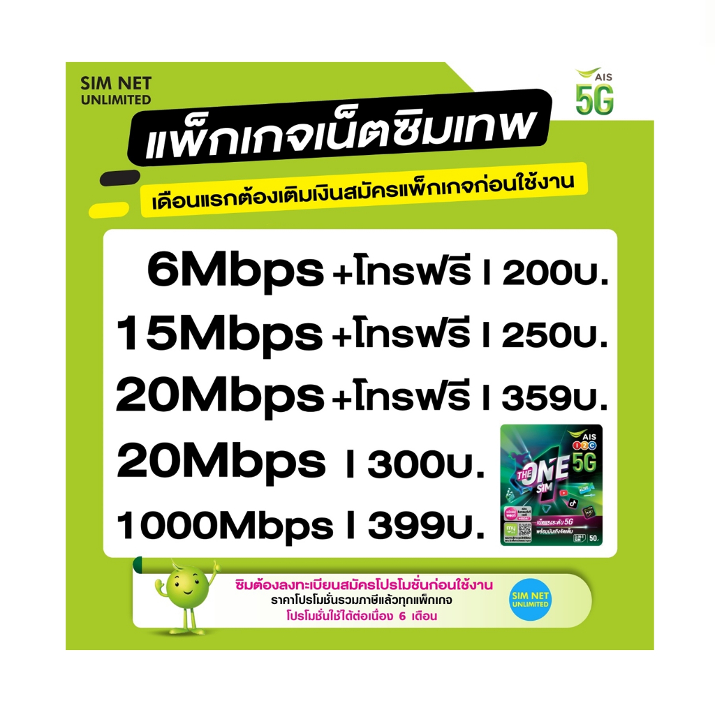 ซิมเทพ AIS เล่นไม่อั้น +โทรฟรีทุกค่าย ความเร็ว 4Mbps, 15Mbps, 20Mbps (ใช้ฟรี AIS Super wifi ทุกแพ็ก)