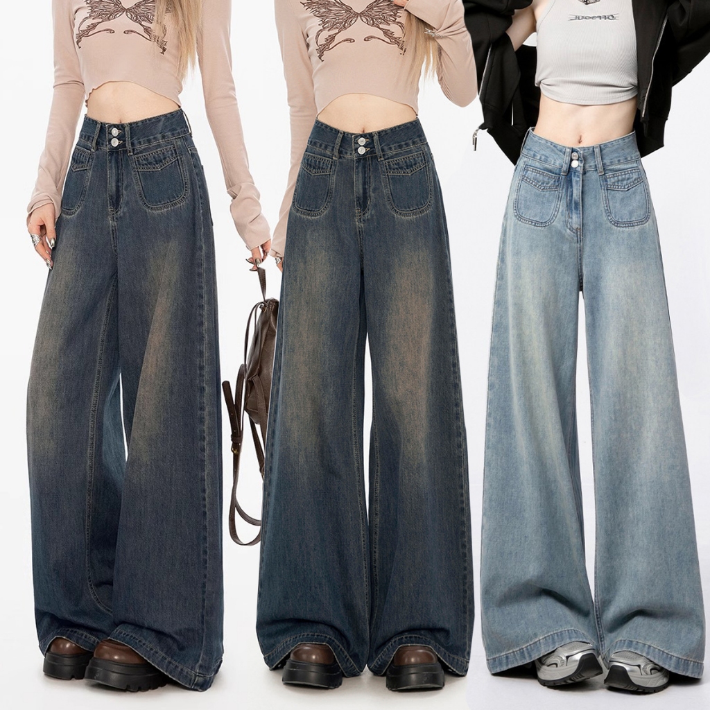 S~5XL jeans Retro กางเกงยีนส์ เอวสูง ทรงหลวม ยีนส์ กางเกงยีน ผู้หญิง แนววินเทจ denim pants ไซส์ใหญ่ กระดุม พลัสไซส์ HOT