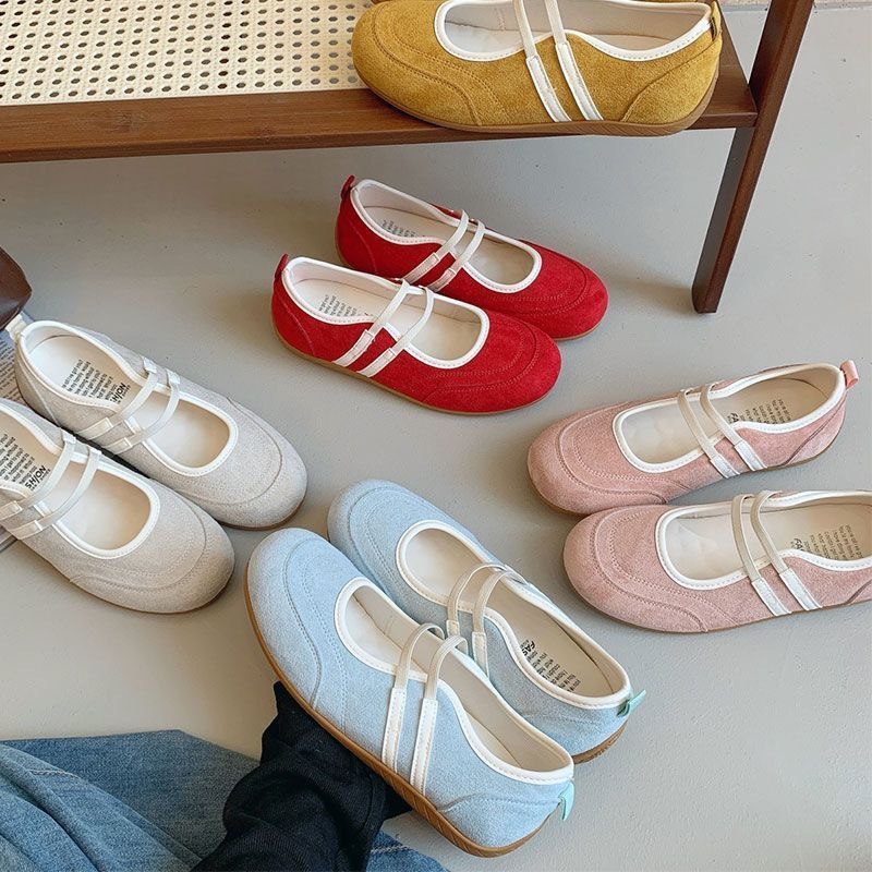 รองเท้าแมรี่เจนส์สไตล์วินเทจสำหรับผู้หญิง รองเท้าส้นแบนแบบสวมหัวกลม แฟชั่นเกาหลี สไตล์บัลเล่ต์