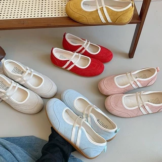 รองเท้าแมรี่เจนส์สไตล์วินเทจสำหรับผู้หญิง รองเท้าส้นแบนแบบสวมหัวกลม แฟชั่นเกาหลี สไตล์บัลเล่ต์