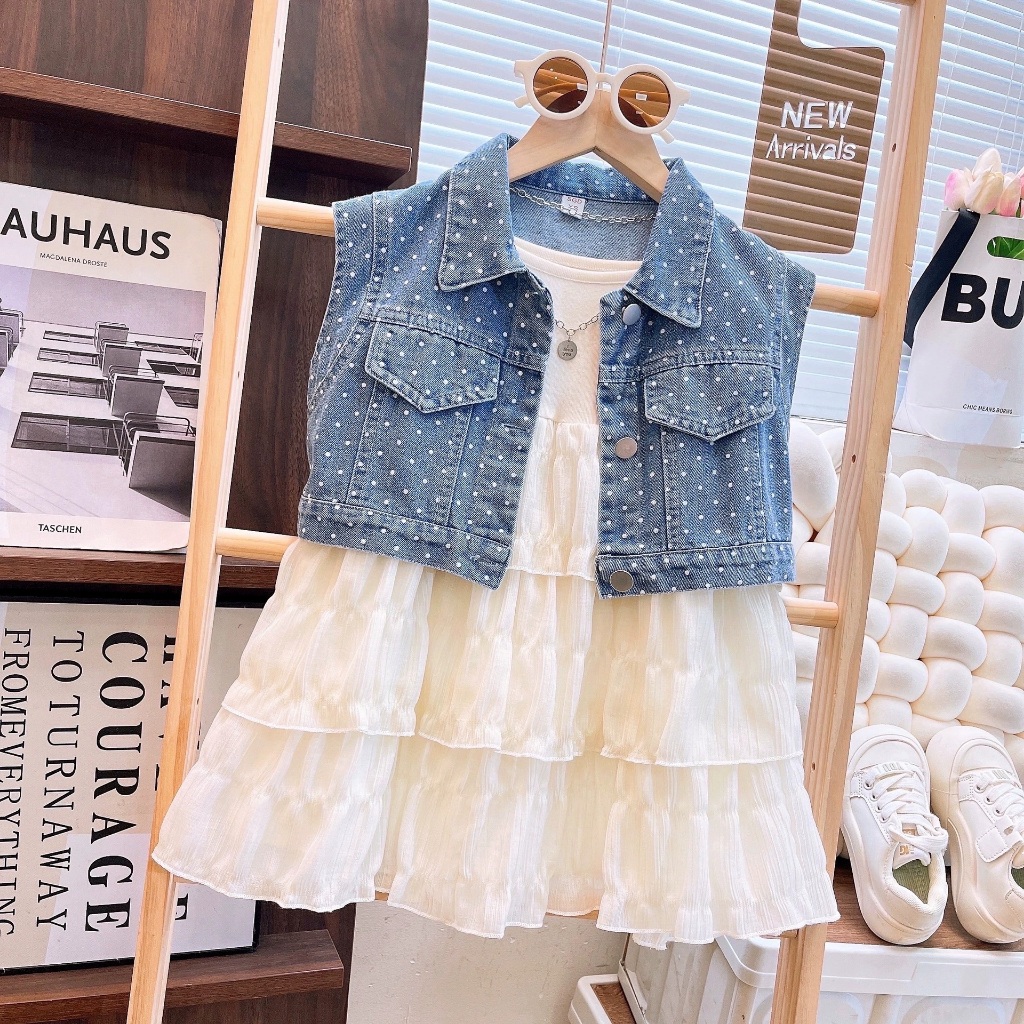 jqk ชุดเดรสแฟชั่นเด็ก เซ็ท 2 ชิ้น ชุดเดรส+เสื้อยีนส์ ( สีขาว) รุ่น LL090