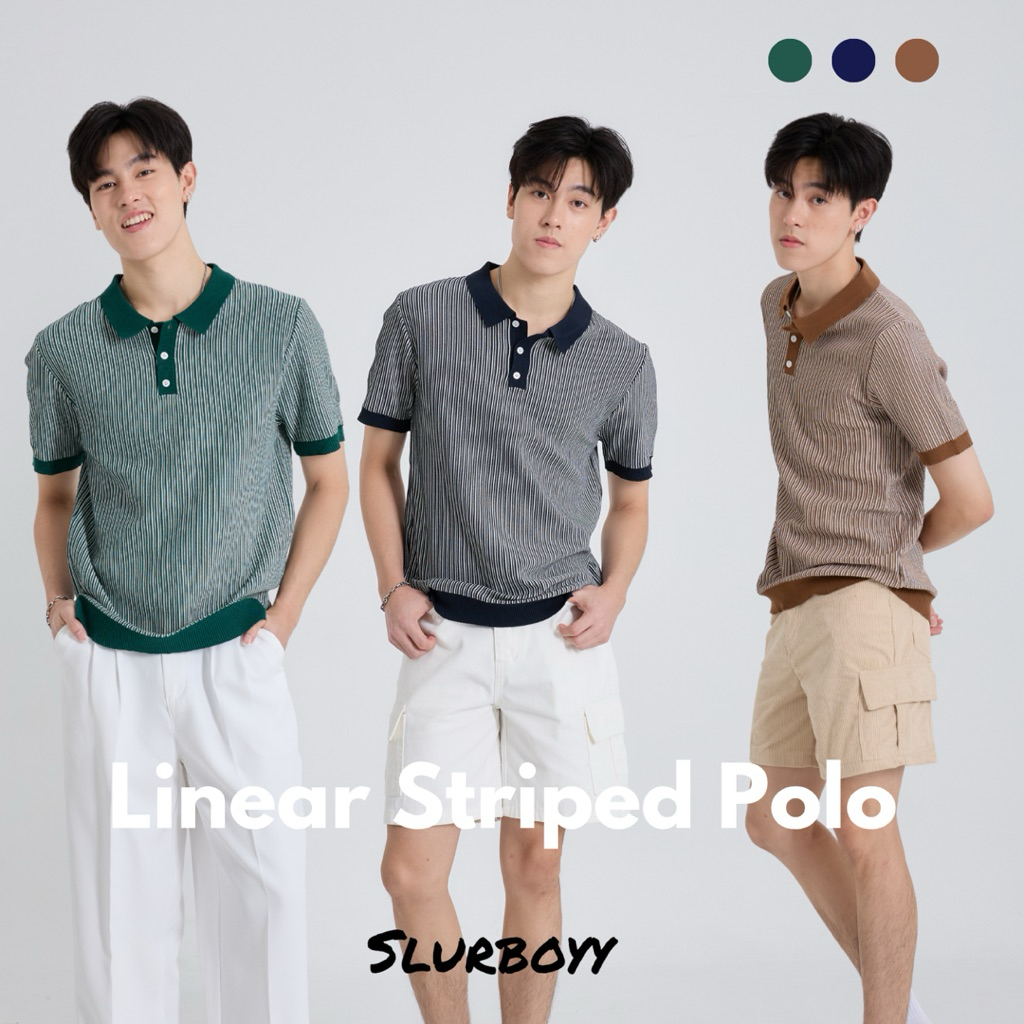 (ส่งด่วน กทม 4 ชม.) SLURBOYY Linear Striped Premium Knit Polo เสื้อไหมพรมคอปก ลายทาง (SB0840)