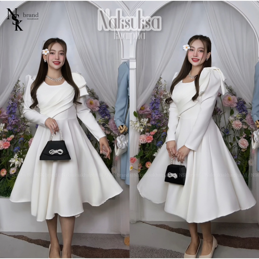 (( PP02 )) “ทรงแขนยาว” Dress แต่งโบว์ที่ใหล่ ใส่ออกงาน งานบุญ งานแต่ง งานหมั้น สวยหรู “ร้าน NSK Bran