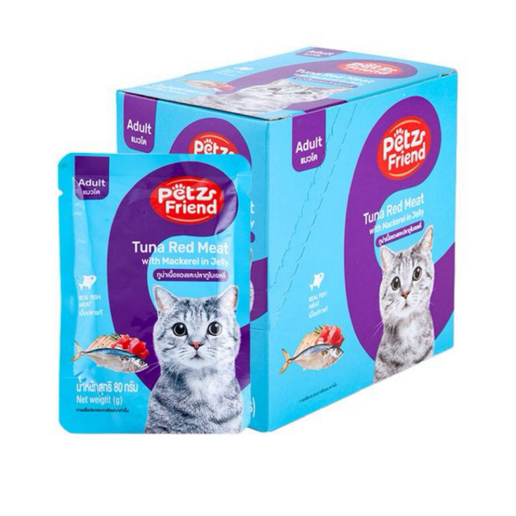 แพ็คละ12ชิ้น — Petz friend เพ็ทส์เฟรนด์ รส เพาซ์ทูน่าและปลาทู ขนาด 80 กรัม/ซอง
