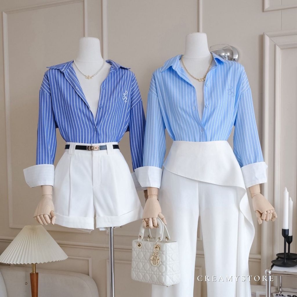 CreamyStore เสื้อเชิ้ตคอปกแขนยาว ลายริ้ว งานป้ายPrisana เชิ้ตทำงาน