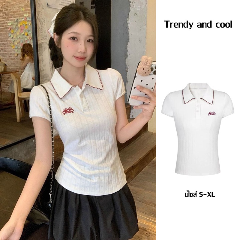 🚚พร้อมส่งจากกทม เสื้อขาว เสื้อโปโลแขนสั้นผู้หญิง หน้าร้อน ทรงสลิมฟิต สไตล์เกาหลี สไตล์หวาน สไตล์คอลเลจ #F054