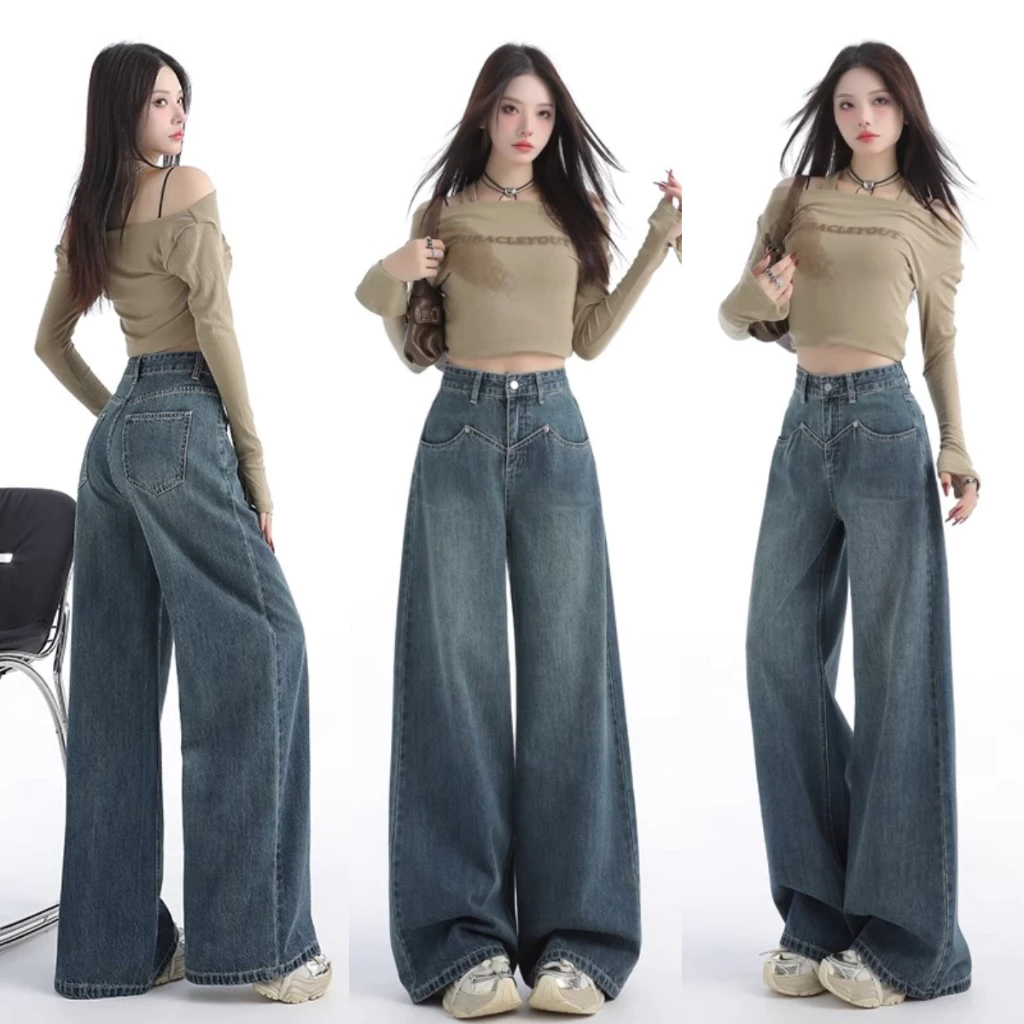 S-5XL สุภาพสตรีกางเกงยีนส์หลวมสบายๆเอวสูงตรงขนาดใหญ่ย้อนยุคสีฟ้า