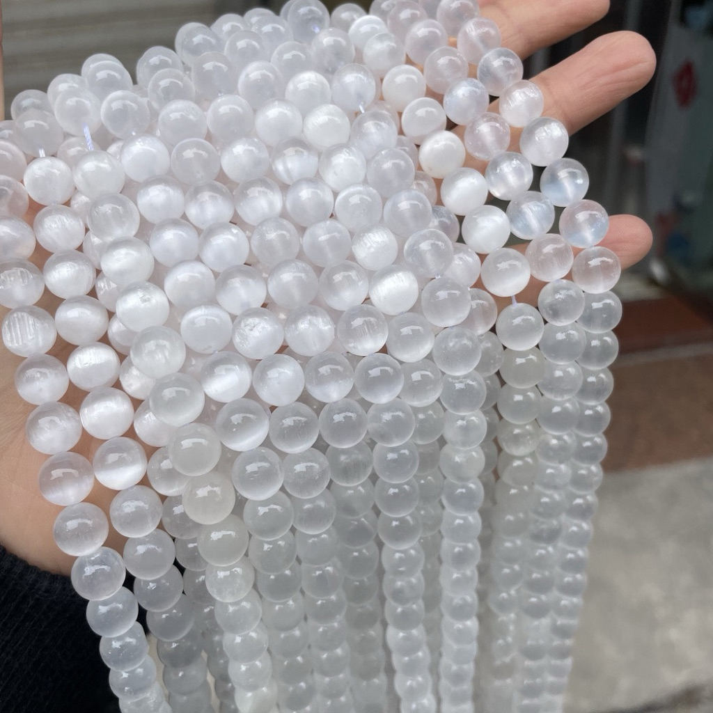 ลูกปัดหินยิปซัมธรรมชาติแบบหลวม DIY ลูกปัดแคลไซต์ ลูกปัดกลมกึ่งสำเร็จรูป อุปกรณ์ตกแต่ง เซเลไนต์