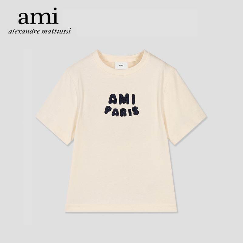 『 AMI Paris 』 Ami Paris Logo Flocked Organic Cotton Jersey T-Shirt เสื้อปักตัวอักษรโลโก้