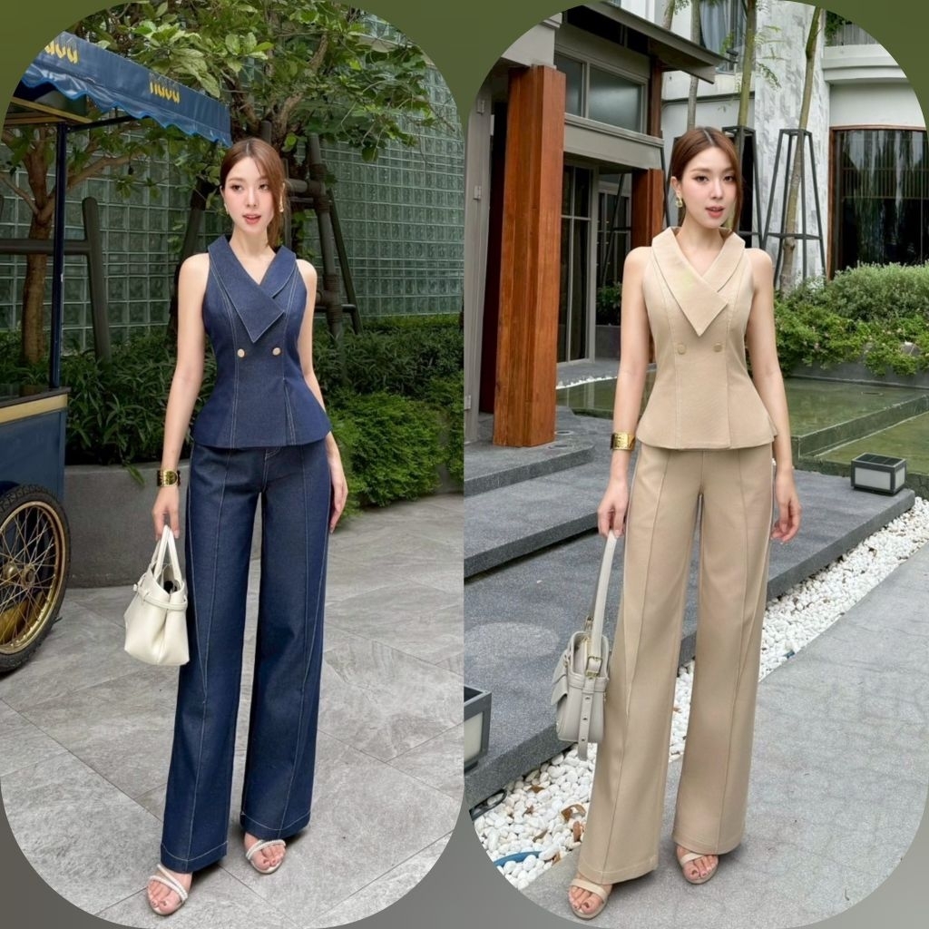 Shimmer พร้อมส่ง S-XL/ชุดเซ็ตผ้ายีนส์เสื้อ+กางเกงขายาว
