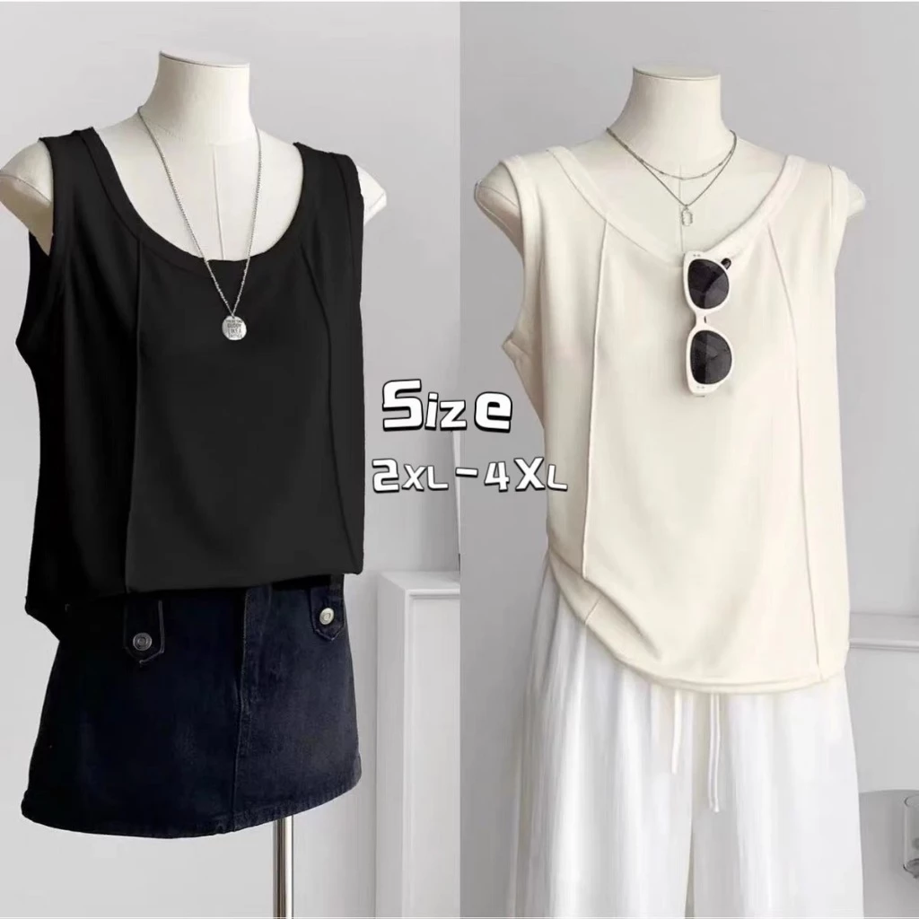 NEW Size 2XL-4XL เสื้อกล้ามสาวอวบคอกลมแบบใหม่3สี ลายก้างปลาแมทได้ทุกชุด นื้อผ้ายืดหยุ่นใส่สบาย