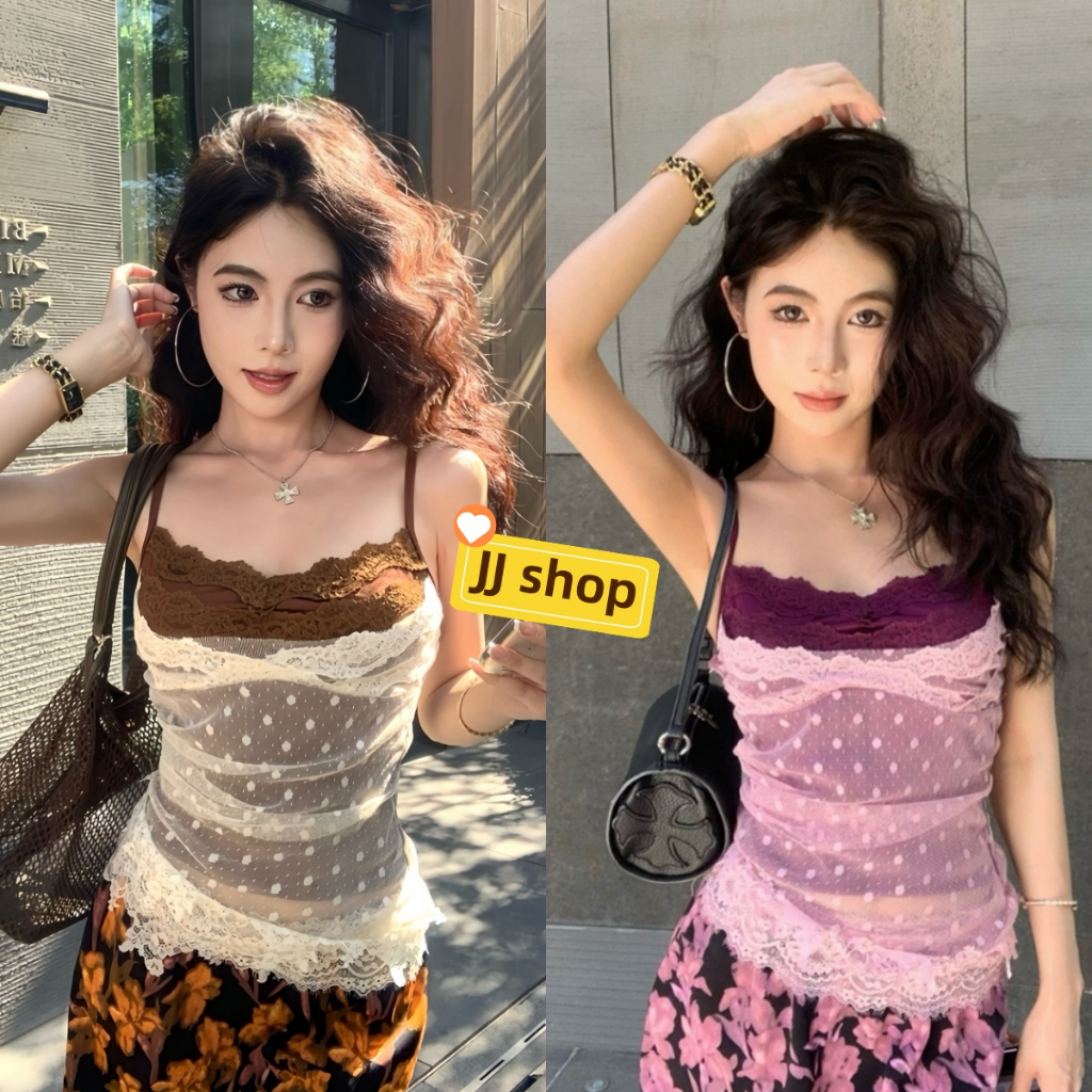 JJ Shop​💜พร้อมส่ง เสื้อสายเดี่ยว เซ็กซี่ ลายลูกไม้ น้ำตาลม่วง  มีฟองน้ำน่ารักสไตล์เกาหลี ทรงรัดพอดี "FY1956"