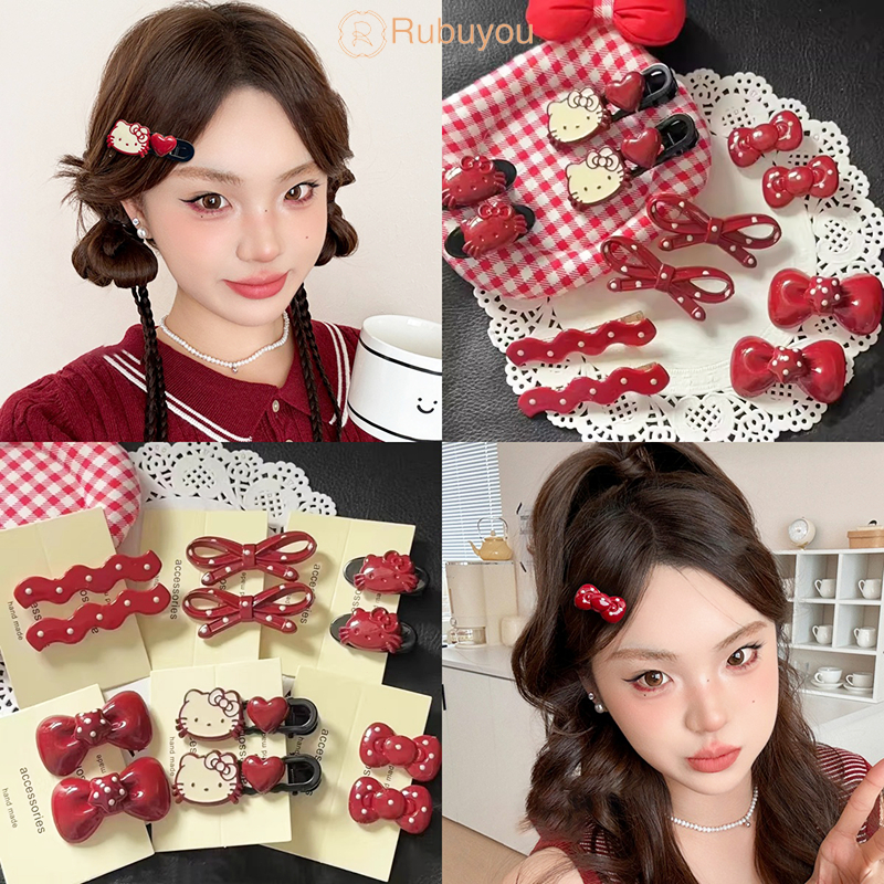 Rubuyou ใหม่ Sanrio HelloKitty กิ๊บติดผมการ์ตูน KT Angoraลายจุดสีแดงกิ๊บโบว์Insสาว แฟชั่น น่ารัก หน้าม้า คลิปด้านข้าง