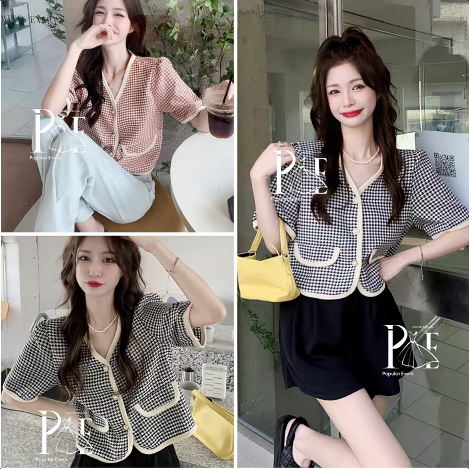 พร้อมส่ง  เสื้อไหมพรมคาร์ดิแกนเสื้อคลุมแขนยาวถักลายสก๊อต Clothing Women