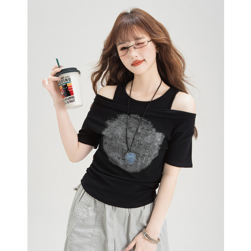 เสื้อยืดเเขนสั้น เสื้อยืดเเขนสั้นผู้หญิง สไตล์ทรงหลวม สไตล์เกาหลี สไตล์ออลแมทช์  ใส่ได้สองเเบบ #020351 - รูปที่ 3