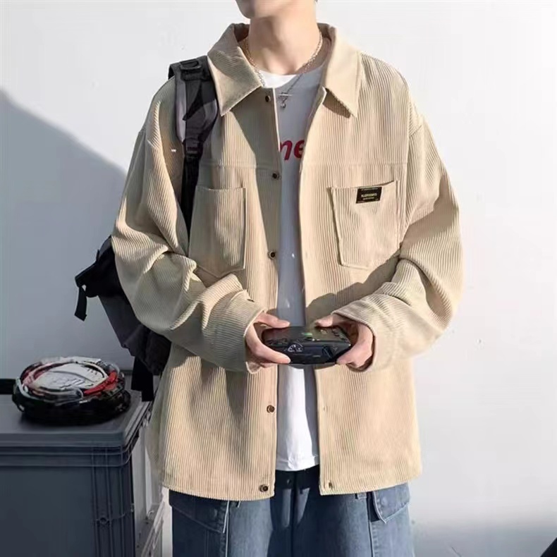 เสื้อเชิ้ตผู้ชาย แขนยาว คอปก ผ้านิ่ม ทรงหลวม ผ้าลูกฟูก ใส่สบาย สไตส์เกาหลี