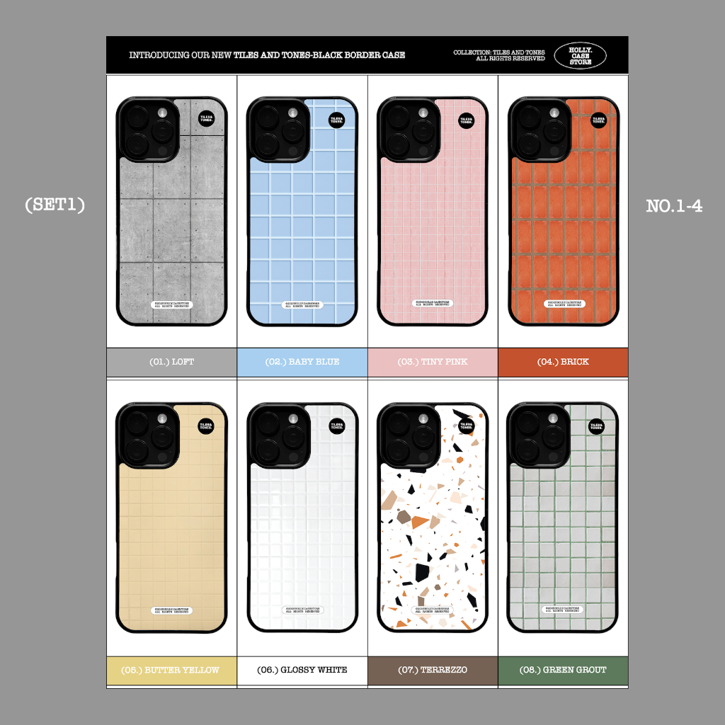 HOLLY.CASESTORE เคสไอโฟน: SET1* TILES&TONES black border 🏭🧱🛵 | เคส 8 ลายพิมพ์ผิวเงา ขอบดำกันกระแทก