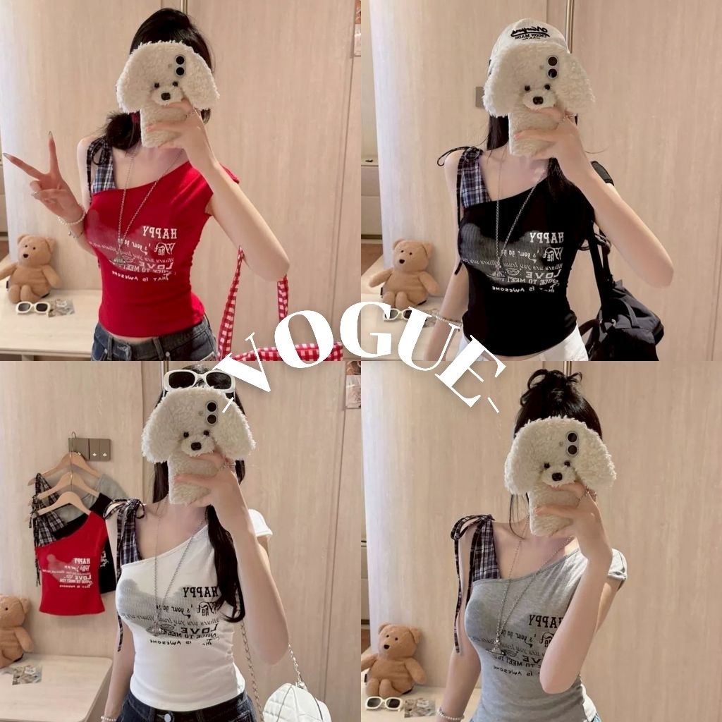 Vogue🌟พร้อมส่ง🌟 เสื้อกล้าม เสริมฟองน้ำ แต่งสายลายสก็อต สกีนตัวอักษร (FY66013)