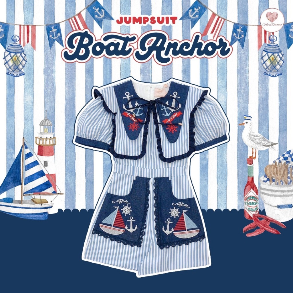 (มี3XL)Boat Anchor Jumpsuit จั๊มสูทผ้าคอตตอนลายริ้วตัดต่อยีนส์งานปัก ปกกะลาสีสองชั้น มีกระเป๋าหน้า ซิปหลัง มีซับ ไม่รั้ง