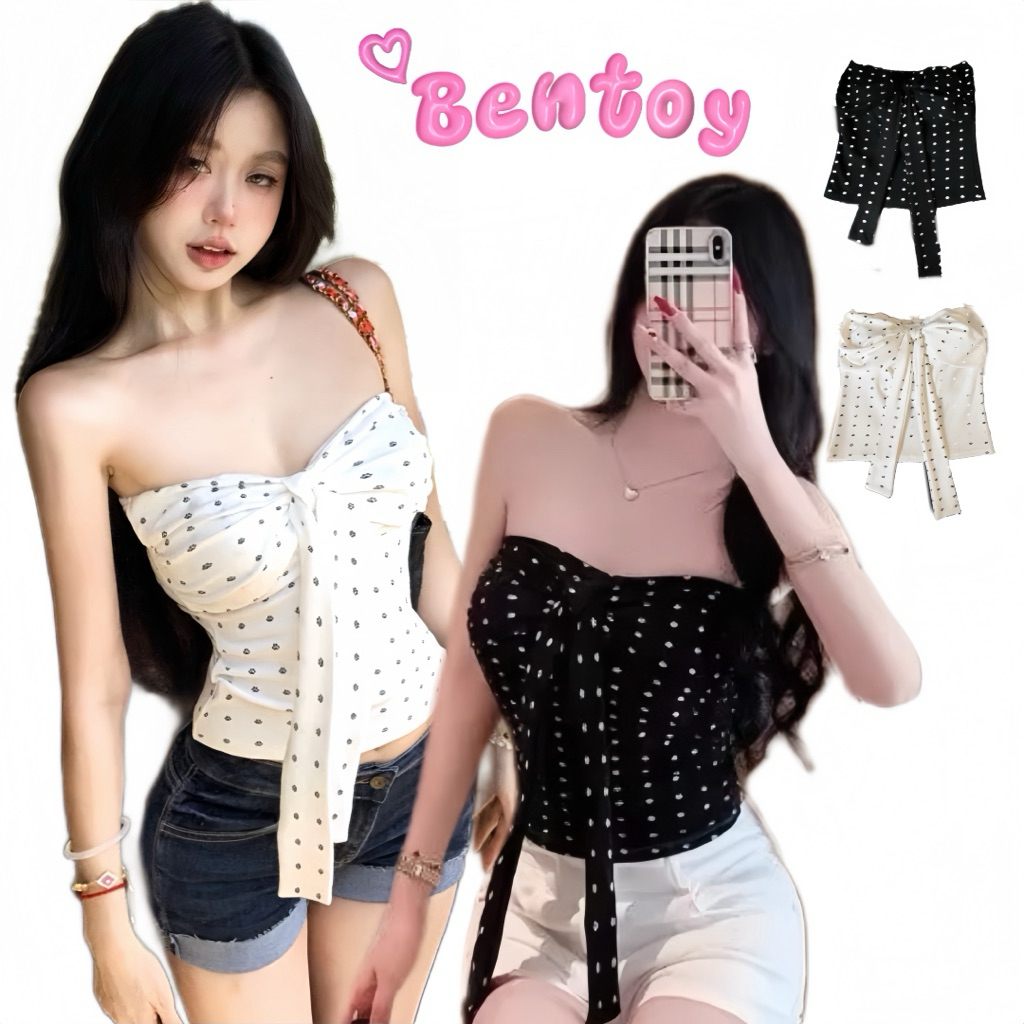 Bentoy❤️PolkaDots  5564 เกาะอกลายจุดรอยเท้าหมา มีฟองน้ำในตัว จับจีบหน้าอก แต่งสายผูกโบว์หน้าอก น่ารักเซ็กซี่สุดๆ