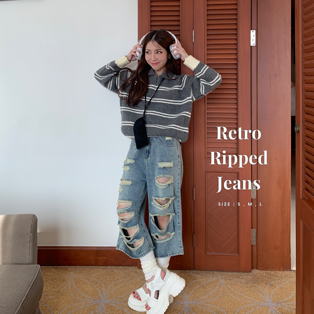 SOMEDRESS | Retro Ripped Jeans กางเกงยีนส์แต่งขาด ขากระบอกใหญ่ ห้าส่วน
