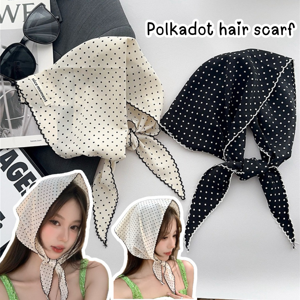 💗พร้อมส่งจากไทย💗ผ้าพันคอผ้าโพกผมลายจุด polkadot ผ้าโพกผมลายจุดผ้าผูกสามเหลี่ยม